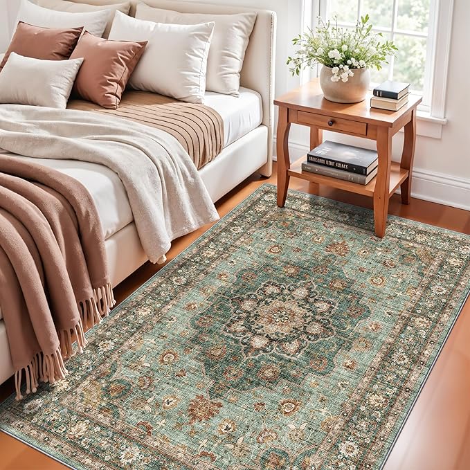 4x6 Area Rugs for Living Room: Perfect for Bedroom Kitchen Kids Room Nursery - Stain & Water Resistant Non-Slip Pet & Child Friendly Vintage Carpet (Green, 4x6)