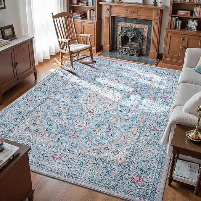 Goideal Washable Rug 3x5, Blue Area Rugs Non Slip, Indoor Low Pile Carpet with Rubber Backing for Living Room Kitchen Bathroom Entryway Office Bedroom