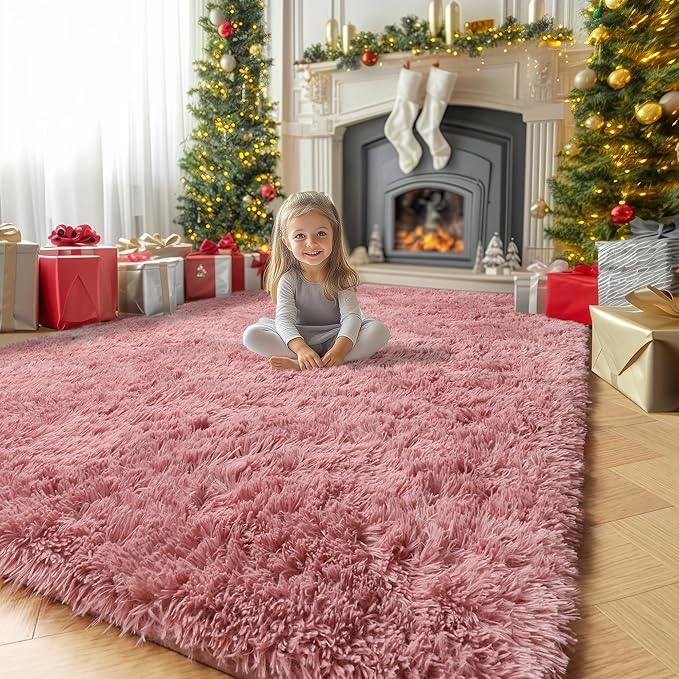 Amdrebio Blush Pink Area Rugs for Girls Bedroom Kids Room, 5x7 Fuzzy Furry Fluffy Kawaii Rugs for Living Room Playroom, Shaggy Plush Shag Carpet for Nursery Dorm Classroom, Cute Dusty Rose Mauve Rug