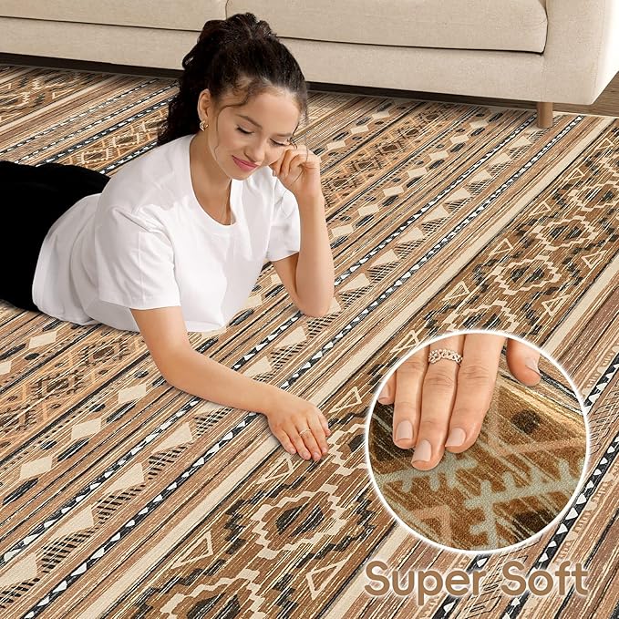 cotiled 9x12 Area Rug Living Room: Washable Boho Rugs with Non Slip Backing Large Soft Indoor Stain Resistant Carpet for Bedroom Farmhouse Dining Room Lightweight Home Decor Brown/Beige