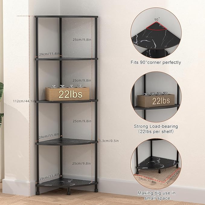 Book Shelf Corner Shelf, 5 Tier Corner Bookshelf Display for Living Room Decor, 44.1" Standing Bookcase Organizer, Marble Black Storage Shelves for Bedroom, Bathroom, Small Space