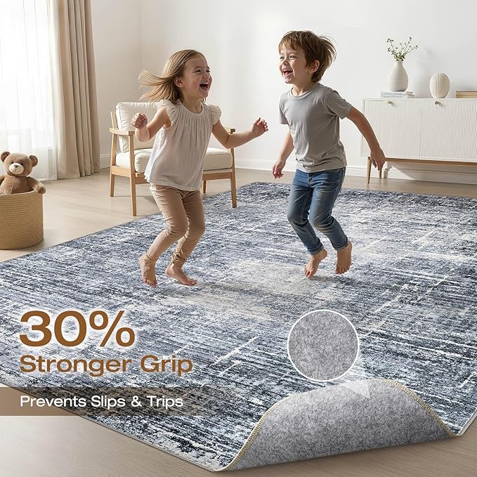 5x8 Area Rug Living Room: Washable Large Neutral Navy Rug Abstract Soft Modern Stain Resistant Indoor Floor Non-Slip Carpet for Bedroom Nursery Kids Office Playroom Dining Room Under Table Home