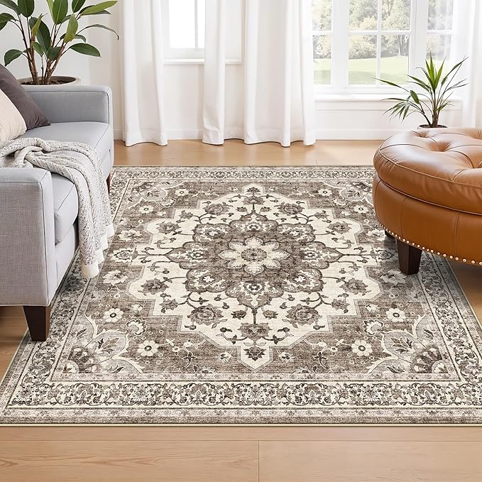 TOPRUUG Washable 5x5 Rug Square - Ultra Soft Living Room Area Rug Under Sofa Non-Slip Rugs for Bedroom Dining Room - Stain Resistant Farmhouse Decor for Family with Pets & Kids (Beige, 5x5)
