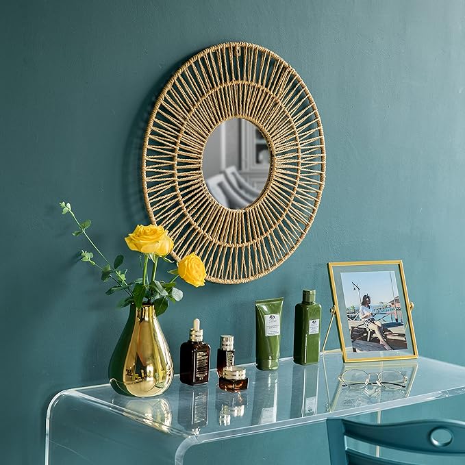 Vintiquewise Decorative Woven Paper Rope Round Shape Bamboo Wood Modern Hanging Wall Mirror