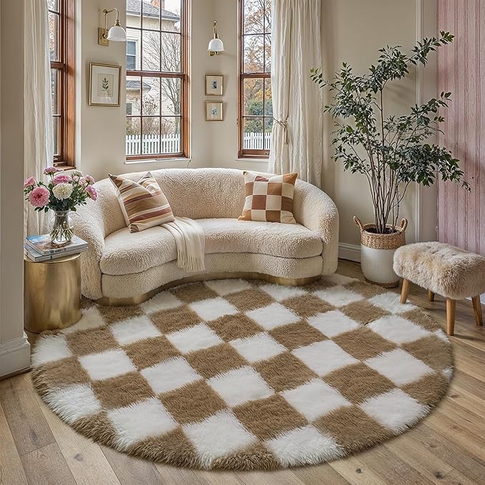 PureCozy Checkered 4x4 Round Rug for Playroom, Brown and White Modern Shag Rugs Super Soft Washable Fluffy Carpet Indoor Office Fuzzy for Bedroom Living Romm Home Dorm Aesthetic Decor