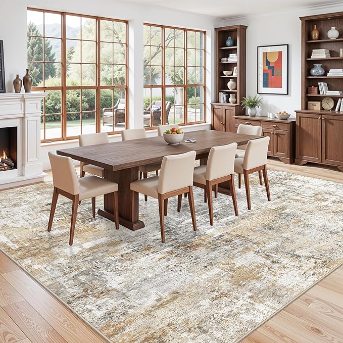 12x12ft Square Living Room Rug – Non-Slip Washable Extra Large Floor Carpet for Bedroom, Dining Room, Playroom Room – Modern Abstract Neutral Thin Low-Pile Big Indoor Rug (Gold Grey)