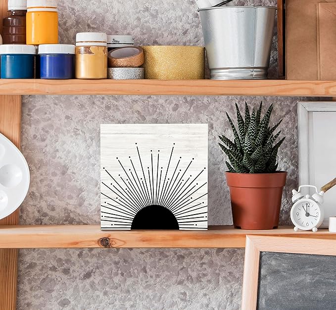 SRADMO Abstract Boho Black Sun Sunrise Sunset Sunshine Sunray Rustic Wood Box Sign Desk Decor, Boho Mid Century Modern Art Wooden Block Box Sign Decoration for Home Office Wall Shelf Table Decor