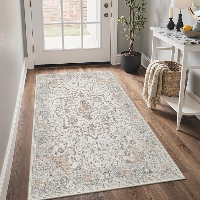 GENIMO 3x5 Area Rugs for Living Room, Machine Washable Non Slip Vintage Rugs, Low Pile Lightweight Soft Boho Rug for Bedroom, Dining Room, Home Office