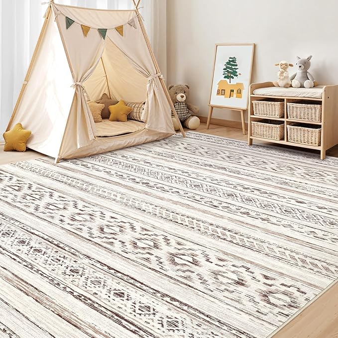 cotiled 9x12 Area Rug Living Room: Washable Boho Rugs with Non Slip Backing Large Soft Indoor Stain Resistant Carpet for Bedroom Farmhouse Dining Room Lightweight Home Decor Cream Brown