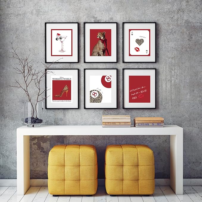 Eastern Print Trendy Red Leopard Wall Art, Set of 6 Cheetah Print Posters, Fashion & Empowerment Decor for Women’s Room, Girl Boss Bedroom Gallery Aesthetic, Unframed (8x10 inch)