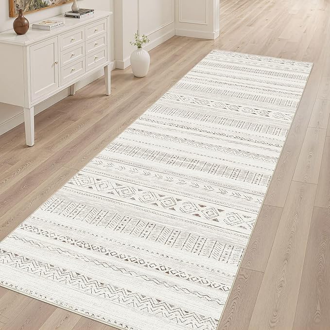 cotiled Hallway 2.6x8 Runner Rugs: Washable Boho Rugs with Non Slip Backing Large Soft Indoor Low Pile Carpet for Living Room Bedroom Farmhouse Dining Room Lightweight Home Decor L Brown/Cream