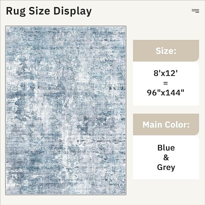 Soalmost Washable Area Rug 8x12, Large Soft Rugs for Living Room Vintage Blue/Grey Carpet 8x12 Area Rugs for Bedroom Dining Room Non-Slip Stain Resistant Under Table Rug