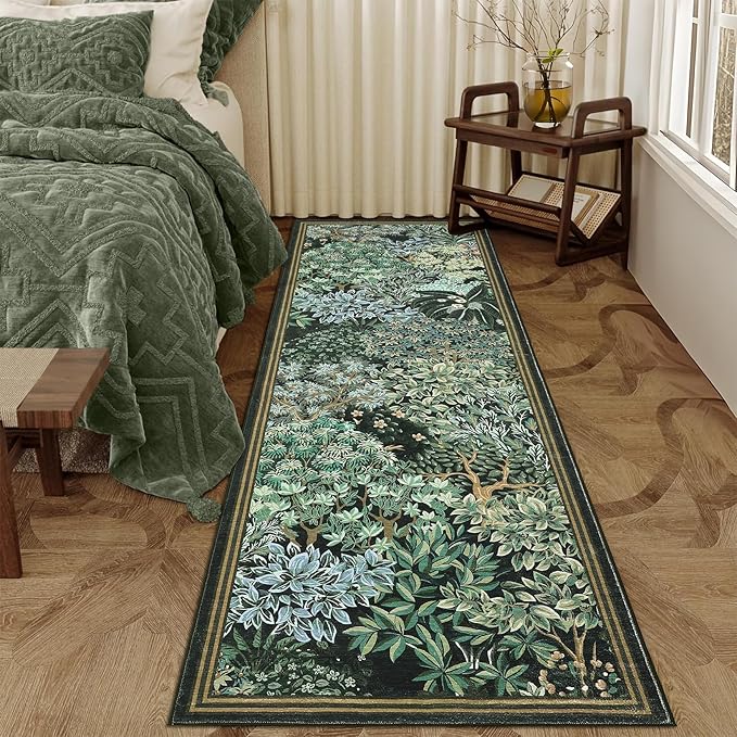 GarveeHome Forest Runner Rug, Blue Green Washable Runner Rug 2x6 for Kitchen, Botanical Low Pile Non Slip Stain Resistance Woodland Hallway Rug for Entryway Bedroom Laundry Room