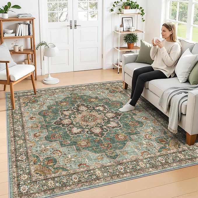 TOPRUUG Green Living Room Rug - Washable 8x8 Area Rug for Dining Room Under Table Oriental Soft Low Pile Carpet for Bedroom - Vintage Design Retro Indoor Decor (Green, 8x8)