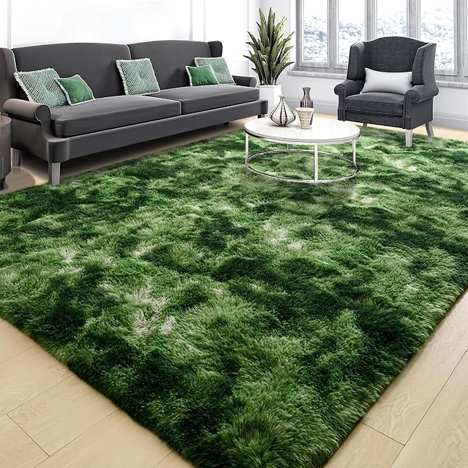 Tepook Fluffy Large Rugs for Living Room, 8x10 Area Rugs for Bedroom, Modern Shag Fuzzy Carpets for Kids Boys Girls, Plush Indoor Nursery Home Decor Rug with Non-Slip Bottom, Tie-Dyed Dark Green