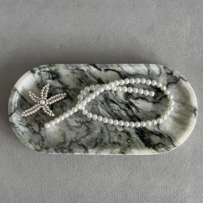 Natural Marble Oval Tray Ornaments Vintage Small Tray Storage Dish for Counter, Vanity, Dresser, Nightstand and Desk (Green Emerald)