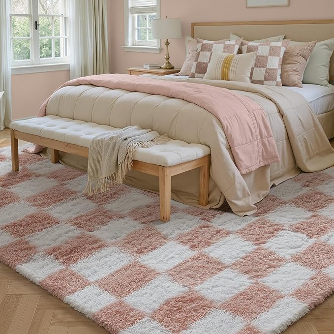 PureCozy Checkered Rug 9x12 for Living Room, Pink and White Modern Shag Rugs Super Soft Washable Indoor Office Fuzzy Carpet Non-Slip Fluffy Rugs for Bedroom Home Aesthetic Decor