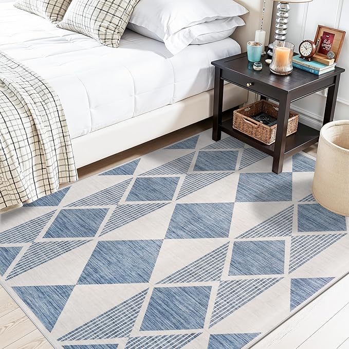 4x5 Washable Entryway Office Rug: Mid Century Modern Area Rugs Geometric Non Slip Soft Low Pile Indoor Carpet for Living Room Bedroom Kitchen Bathroom Entrance (Blue White, 4X5)