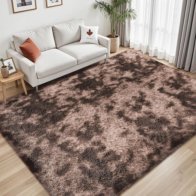 Area Rug for Living Room Bedroom: 4x6 Soft Fluffy Shag Upgrade Non-Slip High Pile Carpet Large Fuzzy Plush Indoor Floor Decor Shaggy Coffe Tie-Dyed Rug for Kid Boys Girls Playroom Nursery Modern Home
