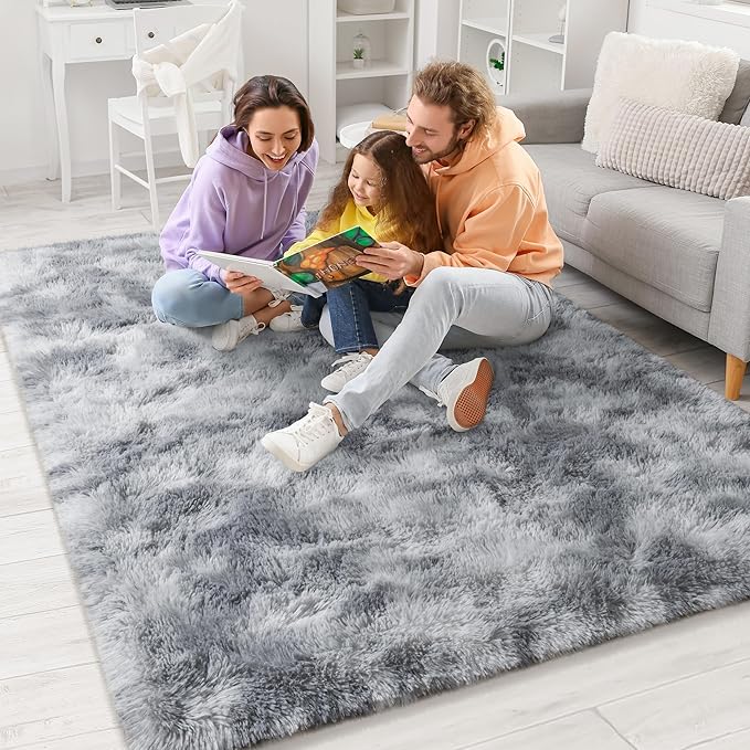 BENRON Fluffy Tie-dye Grey Rugs for Living Room Bedroom 4x6, Soft Plush Fuzzy Shaggy Rugs for Kids Girls Boys Room Decor, Washable Indoor Floor Carpets