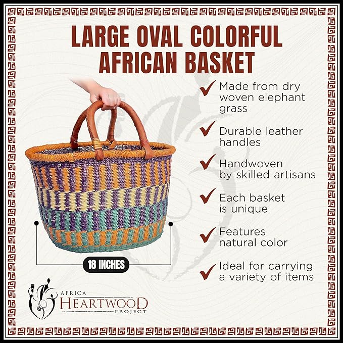 Africa Heartwood Project - Deluxe Large Oval Colorful African Basket with Leather Handle - Classic Heartwood Bolga Market Basket from Women in Bolgatanga, Ghana - 18" Oval Flat-packed