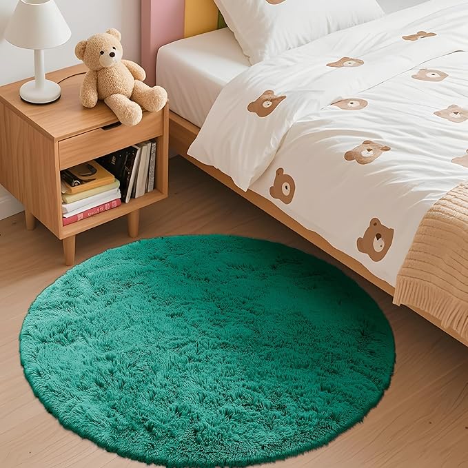OLANLY Teal Green Round Rugs for Bedroom - Machine Washable, 2 ft Circle Area Rugs for Living Room, Soft and Fluffy Shaggy Carpet for Teen Girl and Boys, Nursery Rooms, Dorms, Home Decor Aesthetic