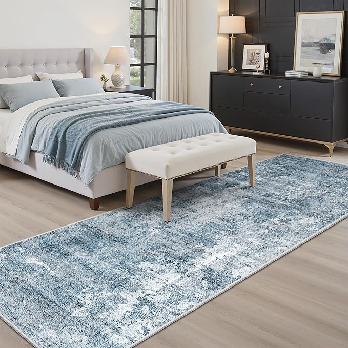 Soalmost Washable Runner Rug, 2'6" x 8' Non-Slip Kitchen Vintage Foldable Hallway Runners for Entryway, Laundry, Bedroom, Blue