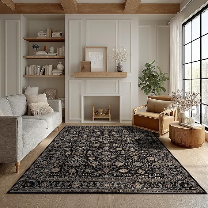 Ruaruarug Area Rug Non Slip Machine Washable Ultra Soft Living Room/Bedroom/Kitchen/Outdoor/Classroom Black Gold, 4'×6'