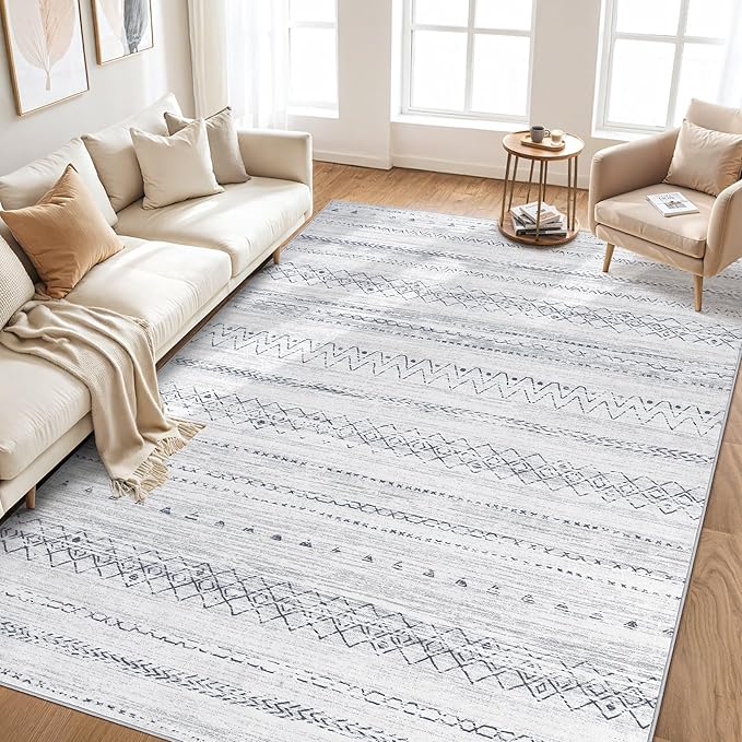 cotiled 9x12 Area Rug Living Room: Washable Boho Rugs with Non Slip Backing Large Soft Indoor Stain Resistant Carpet for Bedroom Farmhouse Dining Room Lightweight Home Decor Grey