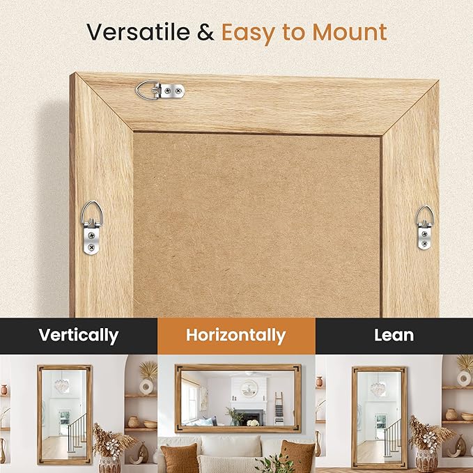 TRAHOME Full Length Mirror with Wooden Frame, 55"X30" Solid Wood Standing Floor Mirror for Farmhouse, Bathroom, Bedroom Decor, Hanging or Leaning Wall-Mounted