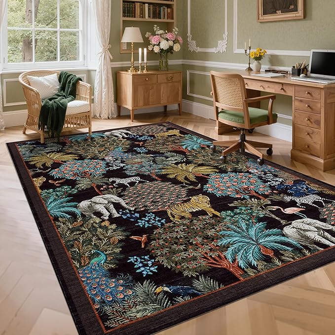 GarveeHome Jungle Rug 10x13 Washable Area Rugs for Living Room, Black Animal Print Rug Non Slip Low Pile Forest Stain Resistance Large Throw Carpet for Kids Bedroom Nursery Playroom Dining Room