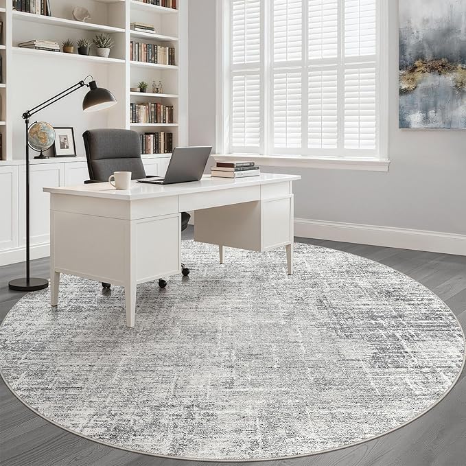 8ft Round Rug Living Room: 8x8 Washable Large Neutral Grey Circle Area Rug Abstract Soft Modern Stain Resistant Indoor Floor Non-Slip Carpet for Bedroom Nursery Kids Office Playroom Dining Room