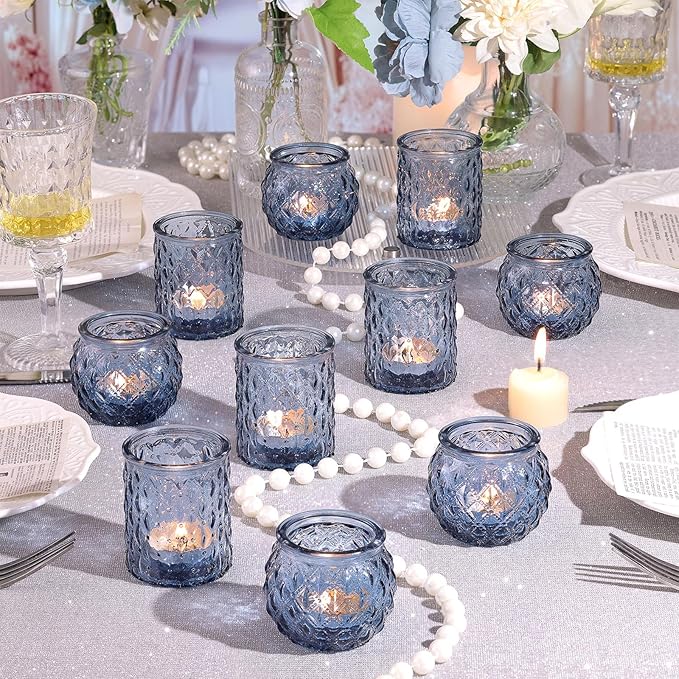 NITIME 12Pcs Assorted Blue Votive Candle Holders, Tea Lights Candle Holder for Wedding Decor, Blue Candle Holders for Table Centerpiece, Bridal Shower, Baby Shower Decorations