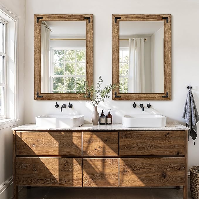 Wooden Bathroom Mirror for Wall, 38"x26" Solid Wood Frame Vanity Mirror, for Farmhouse, Bedroom, Living Room, Entryway Decor, Hangs Vertically or Horizontally