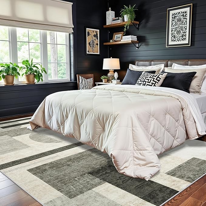 TOPRUUG 6x9 Washable Area Rug: Modern Geometric Soft Low Pile Carpet for Living Room Bedroom Dinning Room Office Non-Slip & Stain Resistance Rug for High Traffic Area (Beige/Olive Green/Gray, 6x9)