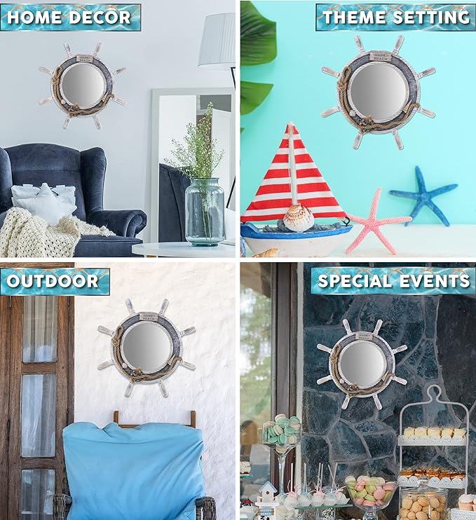 CoTa Global Silver Sea Beach Wall Decor Nautical Ship Wheel Mirror - Handcrafted Wooden Ship Wheel Mirror with Hanger, Nautical Themed Home Decor, Decorative Ornament