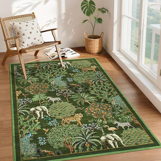GarveeHome Jungle Animal Print Rug 3x5 Washable Area Rugs for Living Room, Forest Rug Non Slip Soft Low Pile Stain Resistance Throw Carpet for Bedroom Kids Playroom Nursery, Dark Green