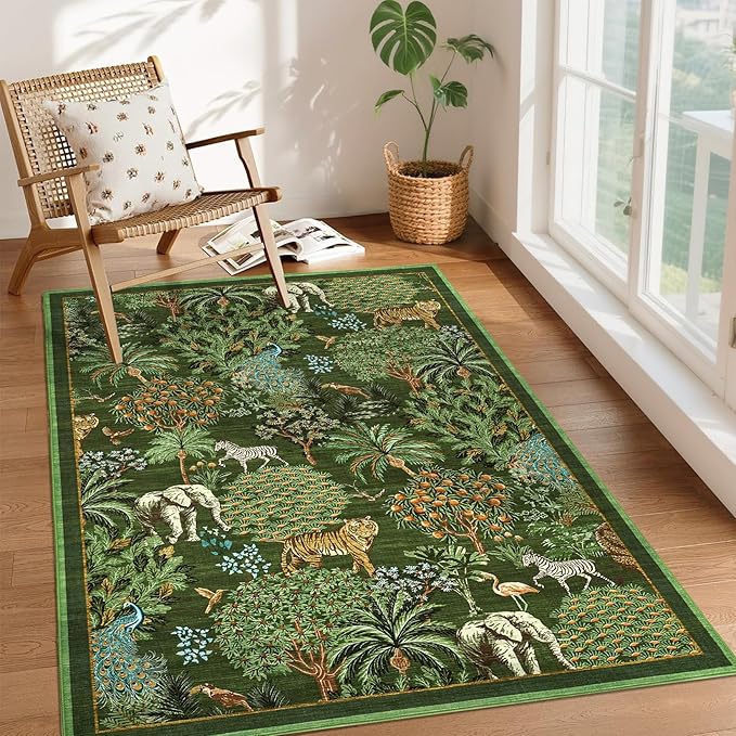 GarveeHome Jungle Animal Print Rug 4x6 Washable Area Rugs for Living Room, Forest Rug Non Slip Soft Low Pile Stain Resistance Throw Carpet for Bedroom Kids Playroom Nursery, Dark Green