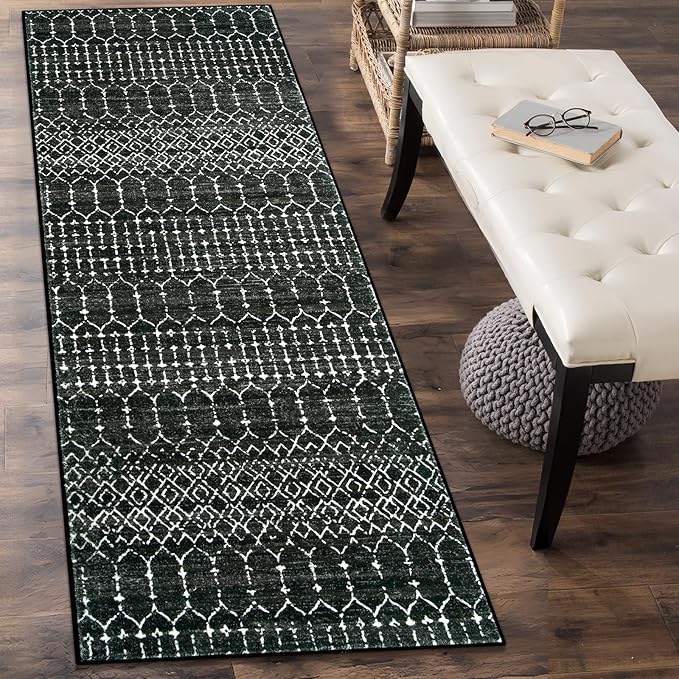 Lahome Moroccan Black Rug 2x8 Washable Non-Skid Kitchen Floor Runner, Low-Profile, Non Slip, Geometric Print Distressed Entryway Runner for Hallways, Laundry Room, Foyer Hana