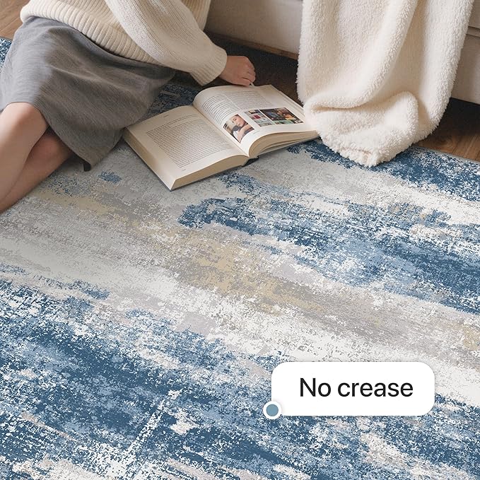 GENIMO No Crease Non Slip 8x10 Area Rugs for Living Room, Craft Woven Modern Rug, Soft Floor Carpet, Single-Piece Rugs for Bedroom, Dining Room, Office, Blue