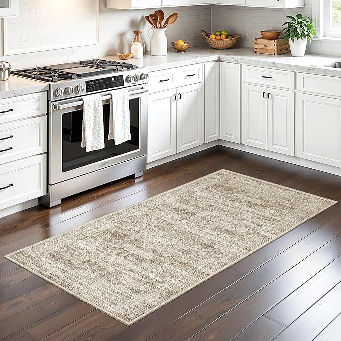 Soalmost 2x4 Washable Rugs for Kitchen, Floor, Entryway, Powder Room Small Area Rug Non-Slip Vintage Low Pile Throw Door Mat Brown