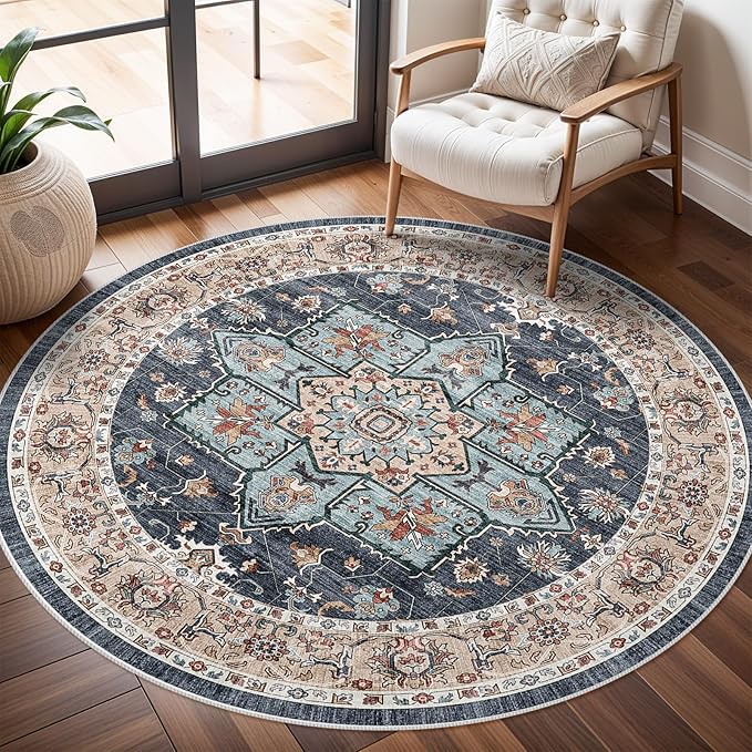 TOPRUUG Washable Oriental Area Rug - 4ft Round Rugs for Living Room Soft Carpet for Bedroom Waterproof Floral Distressed Indoor Stain Resistant Non-Shedding Floor Carpets (Blue/Teal/Orange, 4ft-Round)