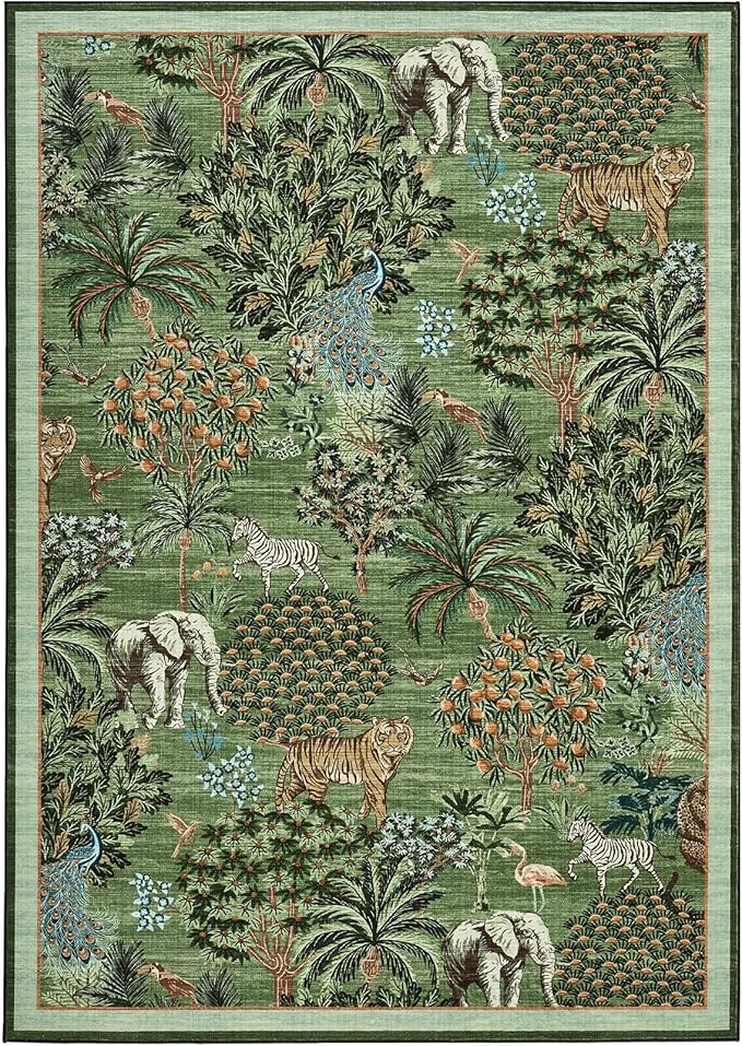 GarveeHome Jungle Animal Print Rug 4x6 Washable Area Rugs for Living Room, Forest Rug Non Slip Soft Low Pile Stain Resistance Throw Carpet for Bedroom Kids Playroom Nursery, Forest Green