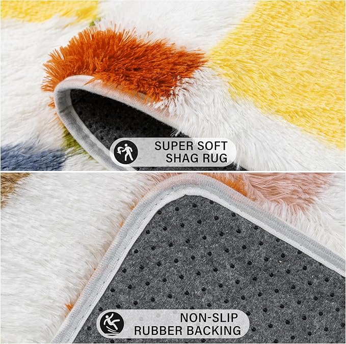 PureCozy Checkered Rug 4x6 for Living Room, Colorful Modern Shag Rug Super Soft Washable Fluffy Rugs Indoor Fuzzy Carpet for Bedroom Home Dorm Aesthetic Decor