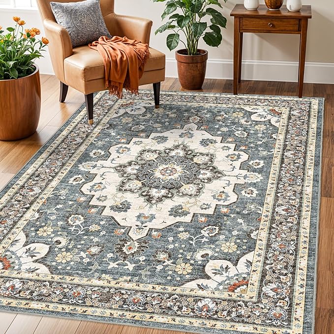 TOPRUUG Washable Oriental Area Rug - 3x5 Rugs for Living Room Soft Carpet for Bedroom Waterproof Floral Distressed Indoor Stain Resistant Non-Shedding Floor Carpets (Blue, 3X5)