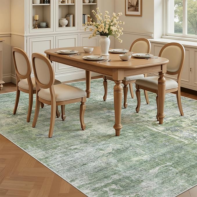 Soalmost 7x9 Area Rug for Living Room Washable Abstract Vintage Soft Thin Indoor Floor Non-Slip Carpet for Bedroom Dining Room Green/Ivory