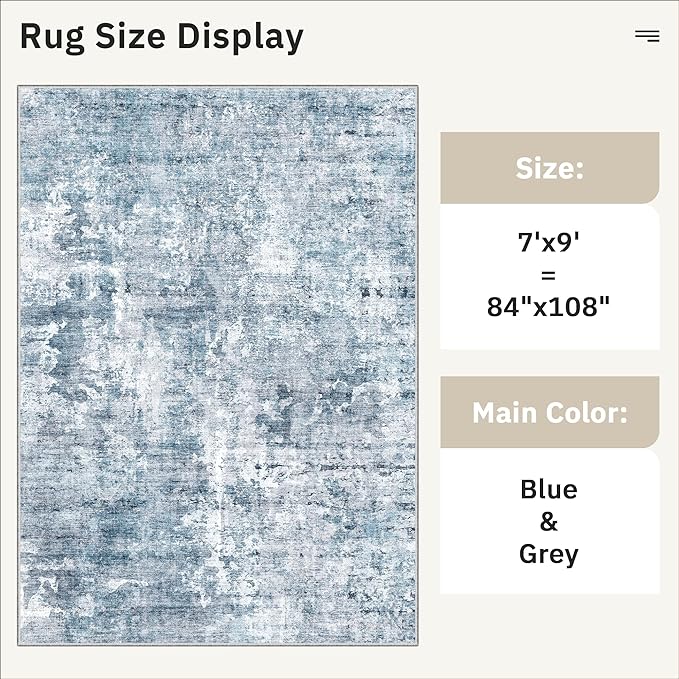 Soalmost 7x9 Area Rug for Living Room Washable Abstract Vintage Soft Thin Indoor Floor Non-Slip Carpet for Bedroom Dining Room Blue Grey