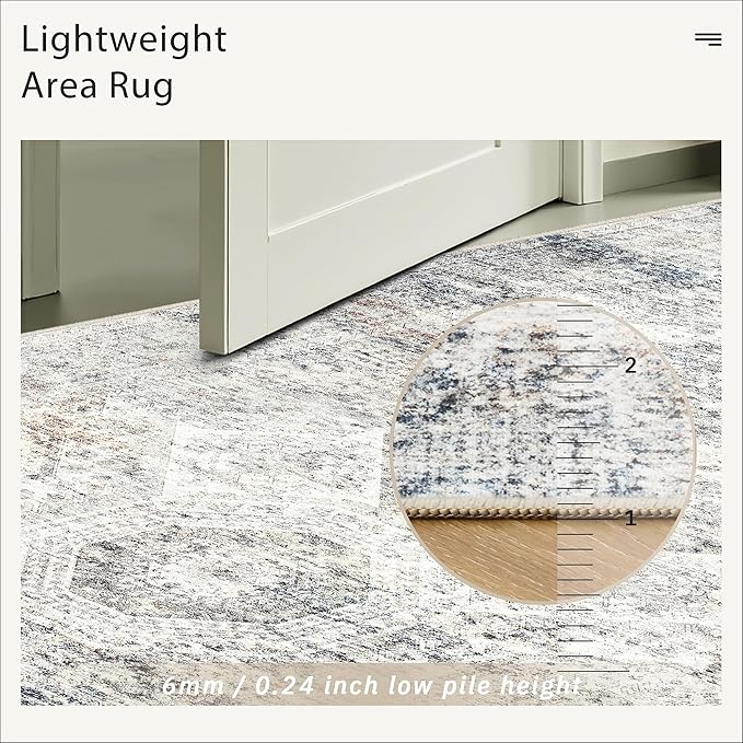 Soalmost 5x7 Area Rugs Blue Ivory Low Pile Indoor Washable Trendy Faded Style Rugs for Bedroom Living Room Dining Room Foldable Non-Slip Thin Print Mat