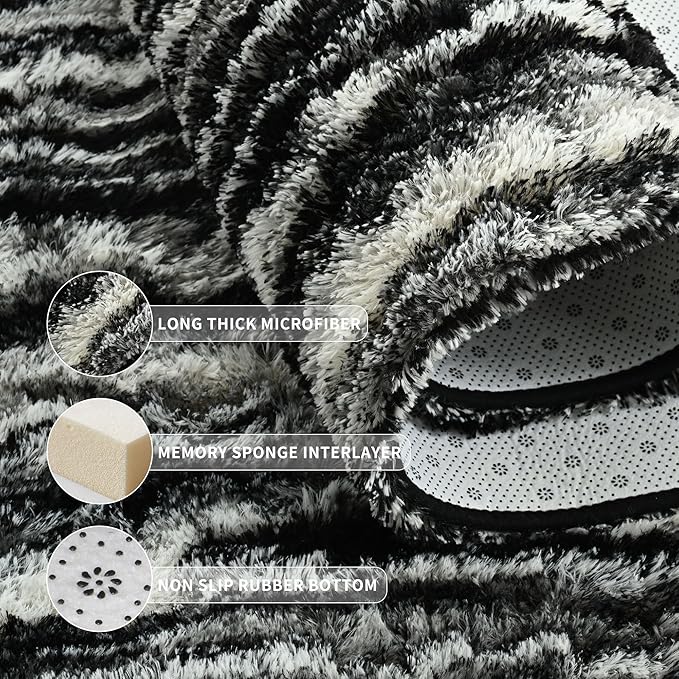 Tepook Fluffy Large Rugs for Living Room, 8x10 Area Rugs for Bedroom, Modern Shag Fuzzy Carpets for Kids Boys Girls, Plush Indoor Nursery Home Decor Rug with Non-Slip Bottom, Black White