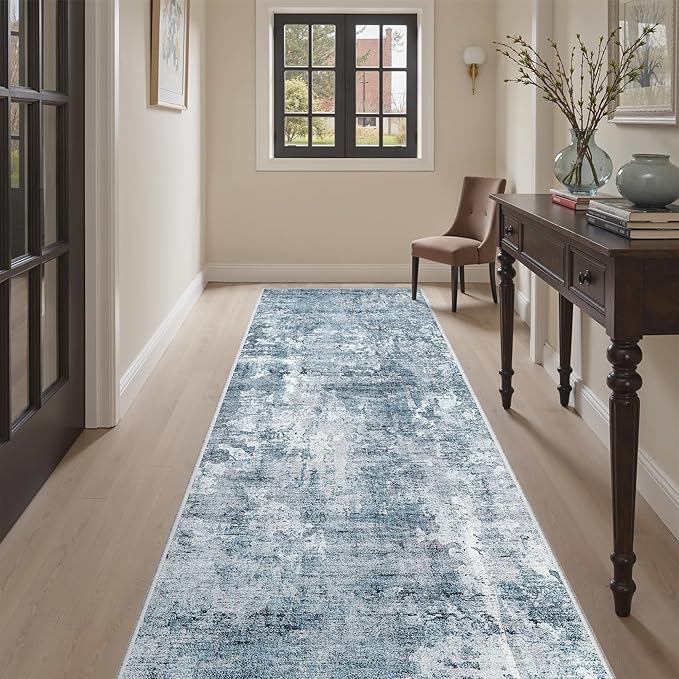 Soalmost Runner Rug 3x8 Washable Non-Slip Hallway Runner Rugs for Kitchen Bathroom Laundry Room Blue/Grey Vintage Floor Carpet Runners for Hallways Entryway